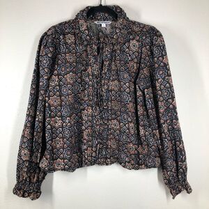 Walter Baker Cameron Mosaic Long Sleeve Blouse Top Brown Black Cotton Large